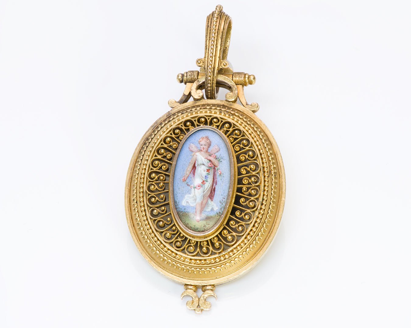 Antique Etruscan Revival Gold Enamel Locket Pendant Attrib. to Eugène Fontenay - DSF Antique Jewelry