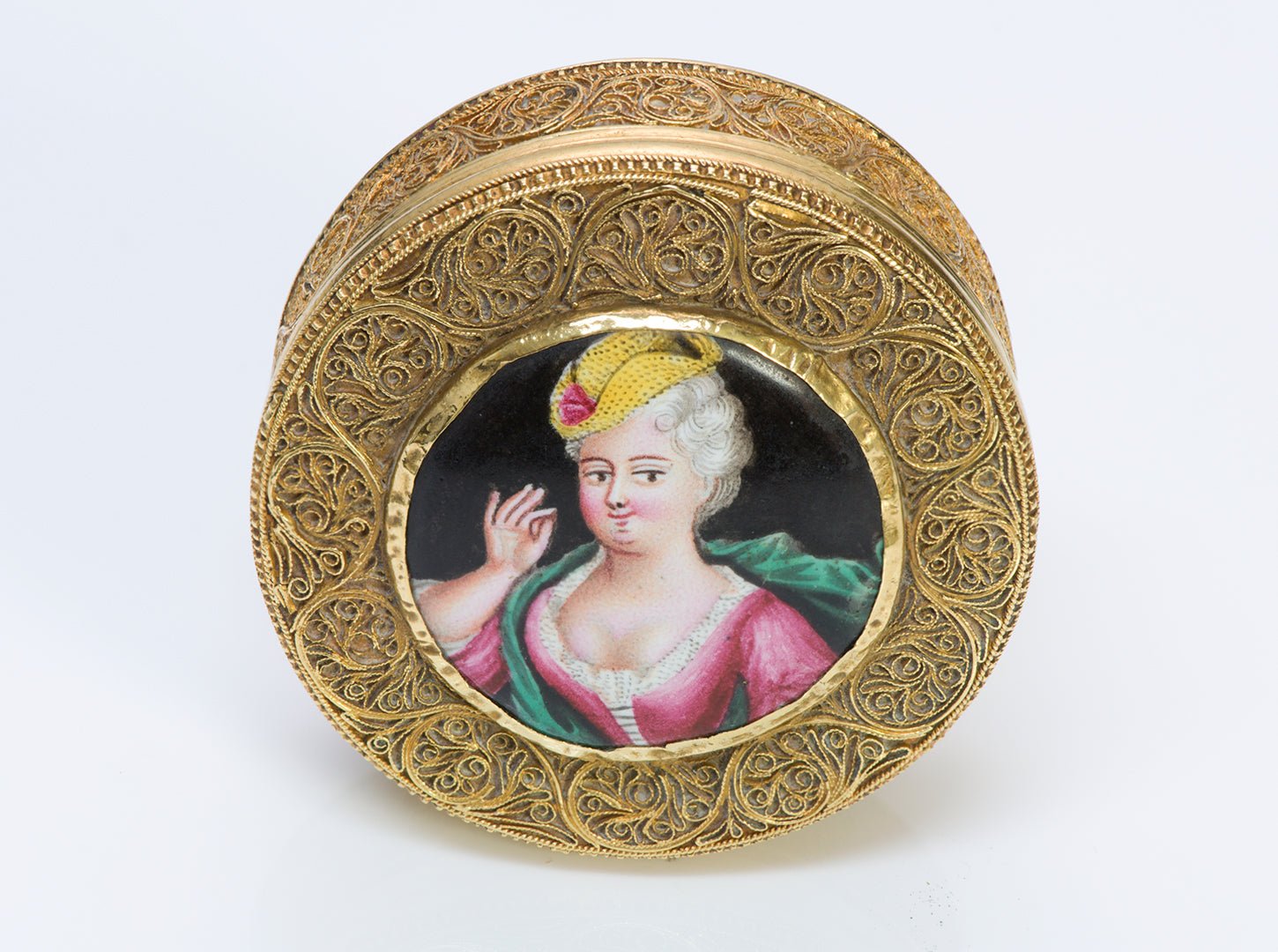 Antique Filigree Gold Box with Painted Portrait Porcelain Miniature
