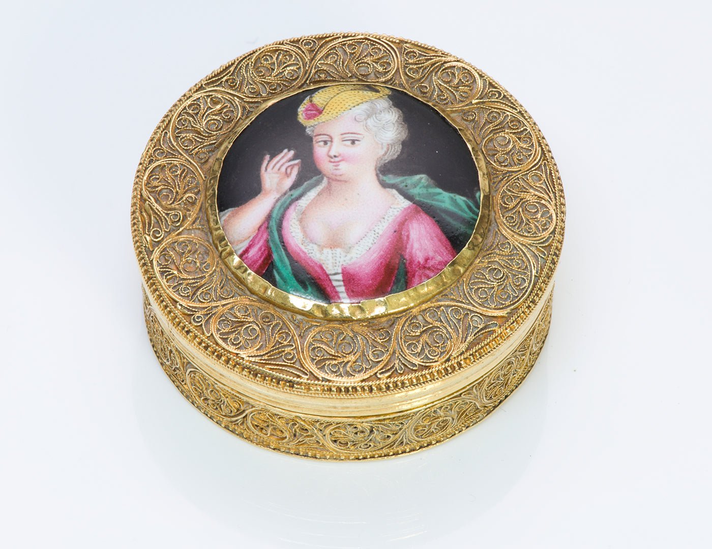 Antique Filigree Gold Box with Painted Portrait Porcelain Miniature