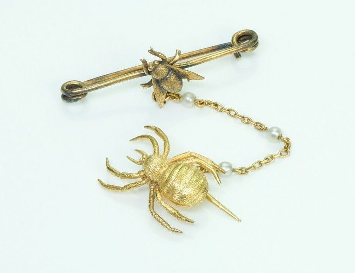 Antique Fly & Spider 15K Gold Pearl Brooch Pin