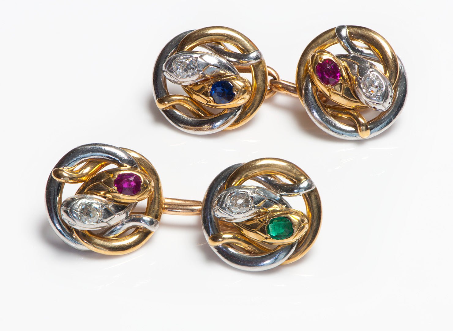 Antique French 18K Gold Diamond Emerald Ruby Sapphire Snake Cufflinks