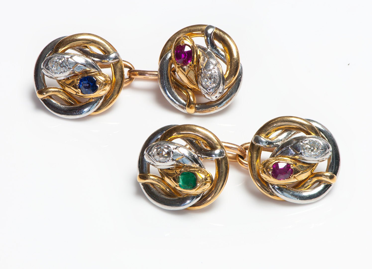 Antique French 18K Gold Diamond Emerald Ruby Sapphire Snake Cufflinks