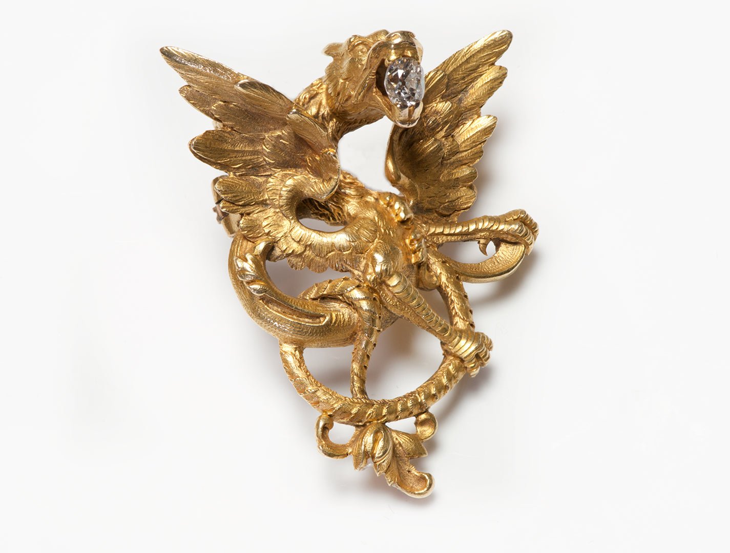 Antique French 18K Gold & Diamond Griffin Pendant Brooch