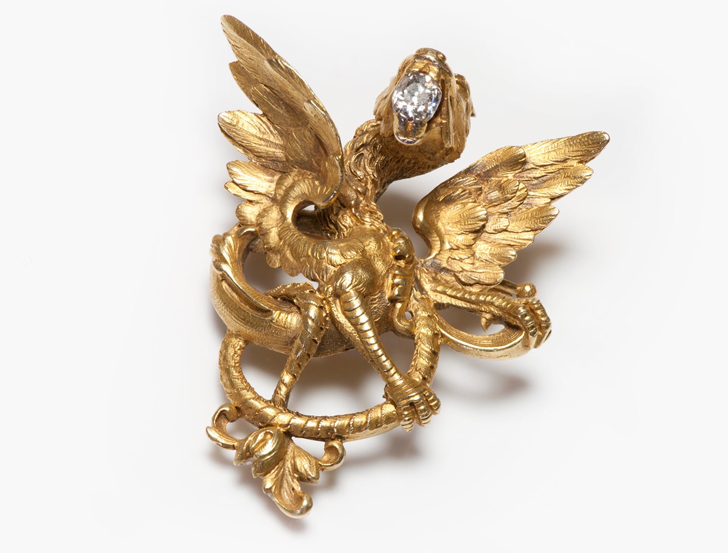 Antique French 18K Gold & Diamond Griffin Pendant Brooch