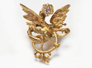 Antique French 18K Gold & Diamond Griffin Pendant Brooch
