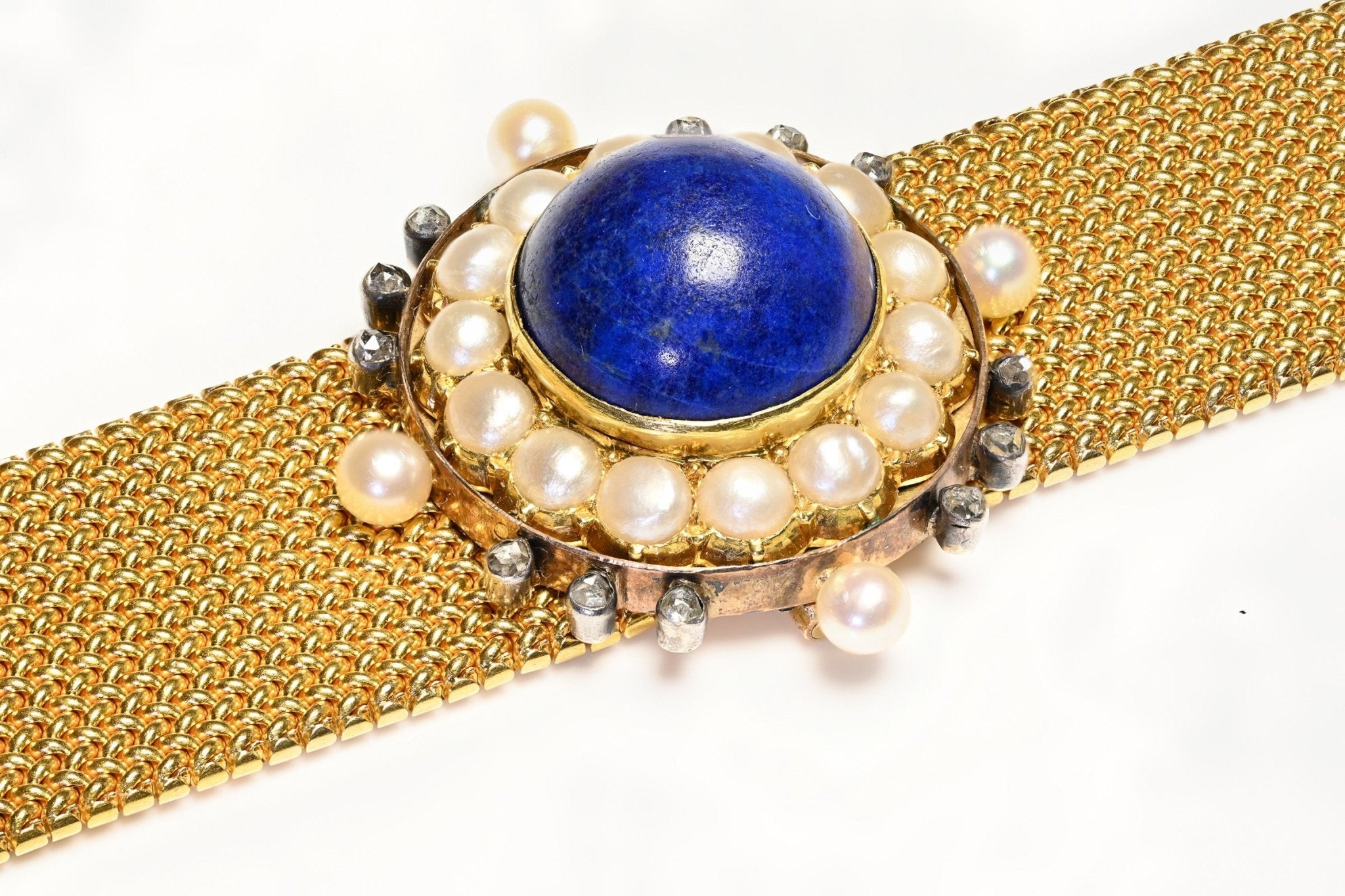 Antique French 18K Gold Lapis Pearl Diamond Mesh Bracelet