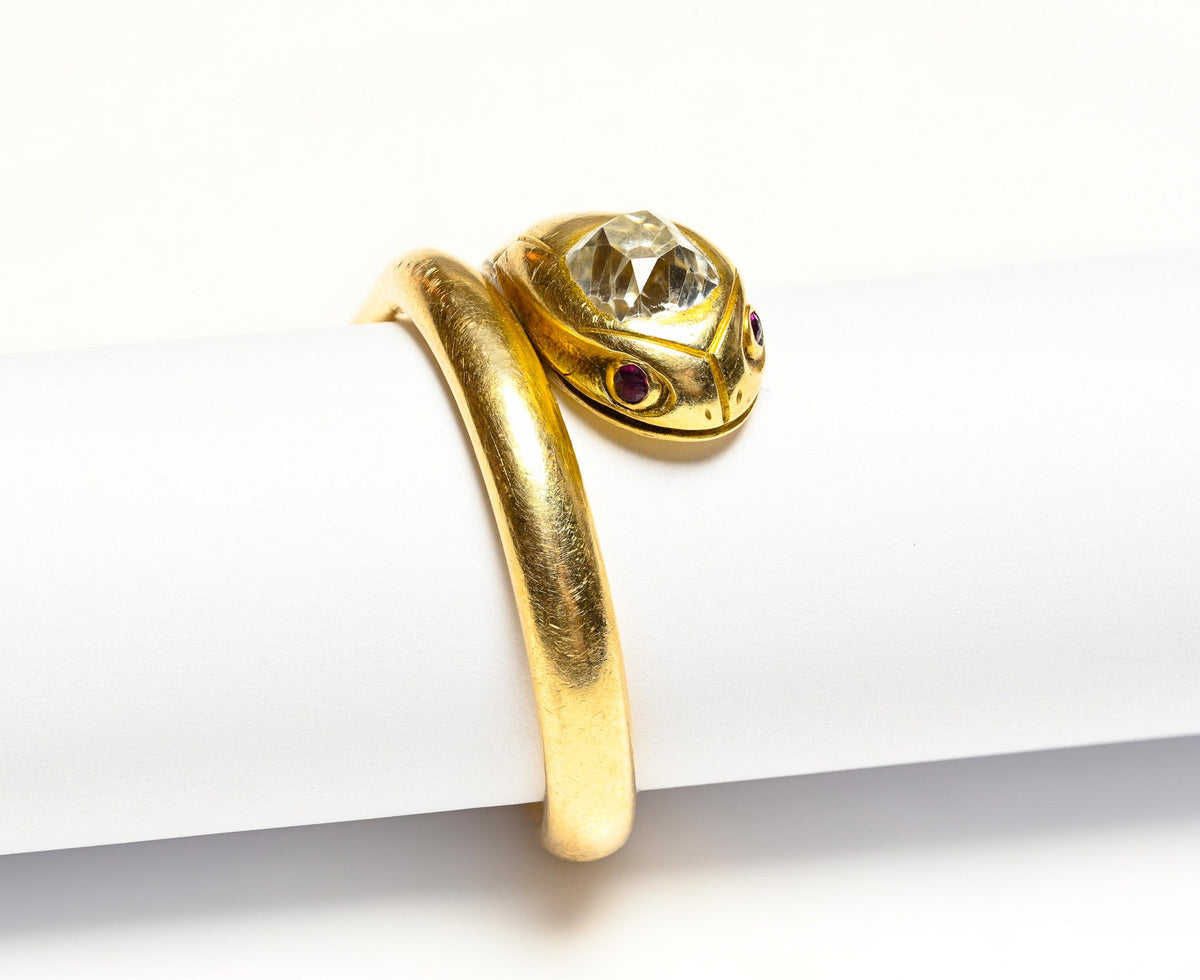 Antique French 18K Gold Mine Cut Diamond Snake Men's Ring