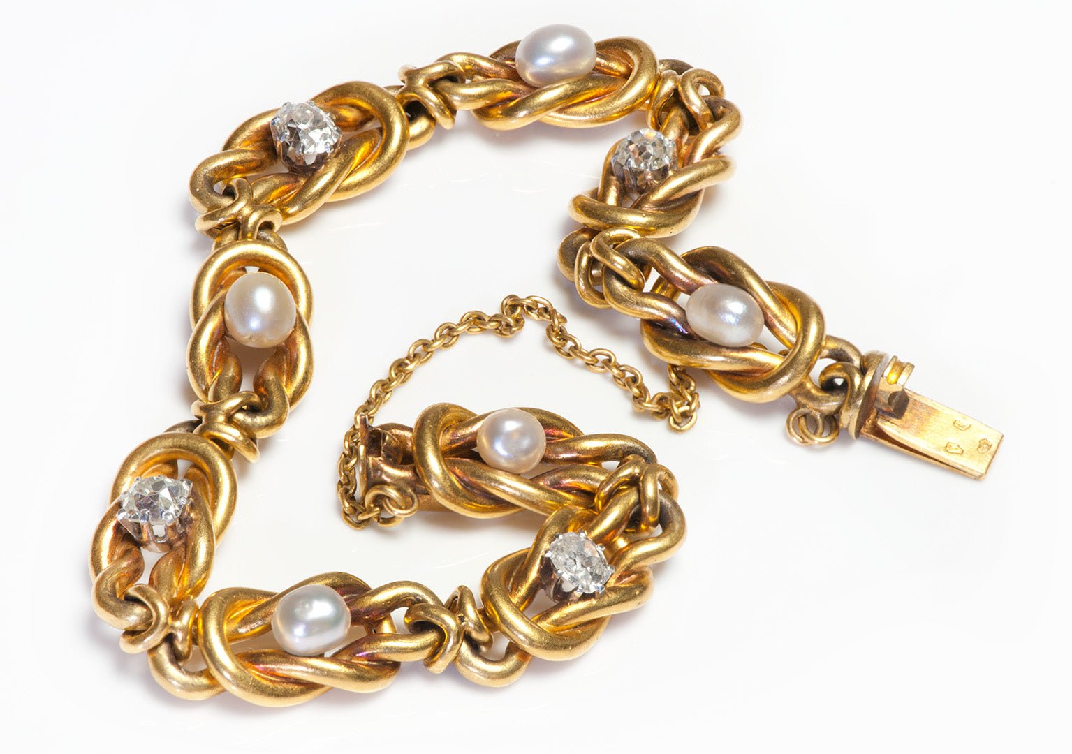 Antique French 18K Gold Old Mine Cut Diamond Pearl Knot Bracelet - DSF Antique Jewelry