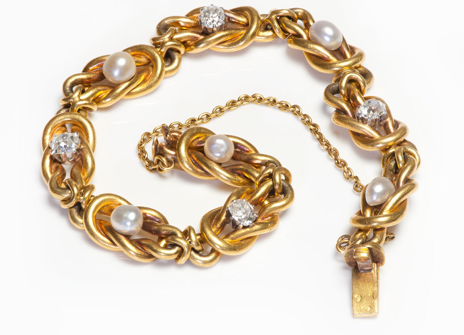 Antique French 18K Gold Old Mine Cut Diamond Pearl Knot Bracelet