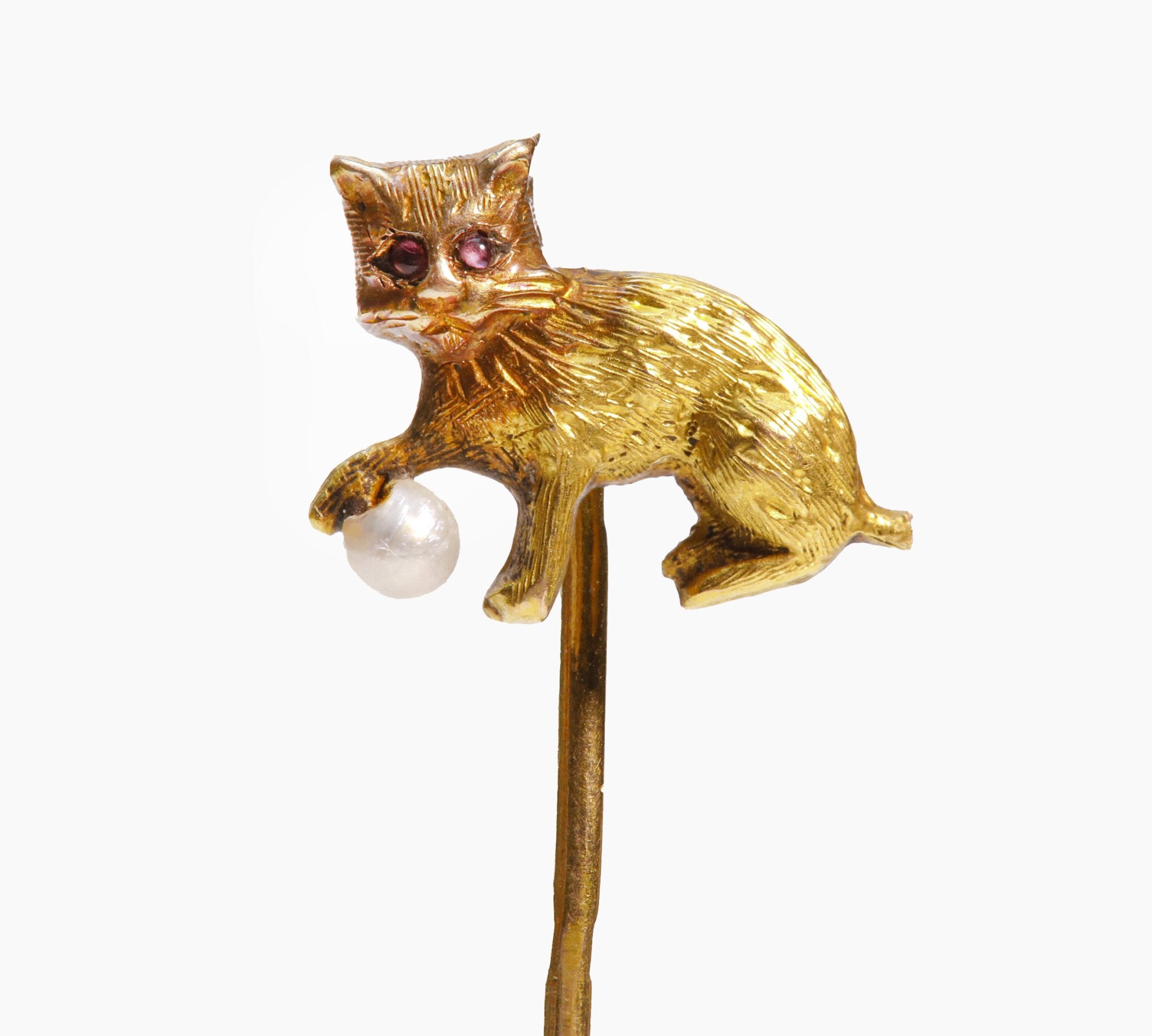 Antique French 18K Gold Pearl Cat Kitty Stick Pin