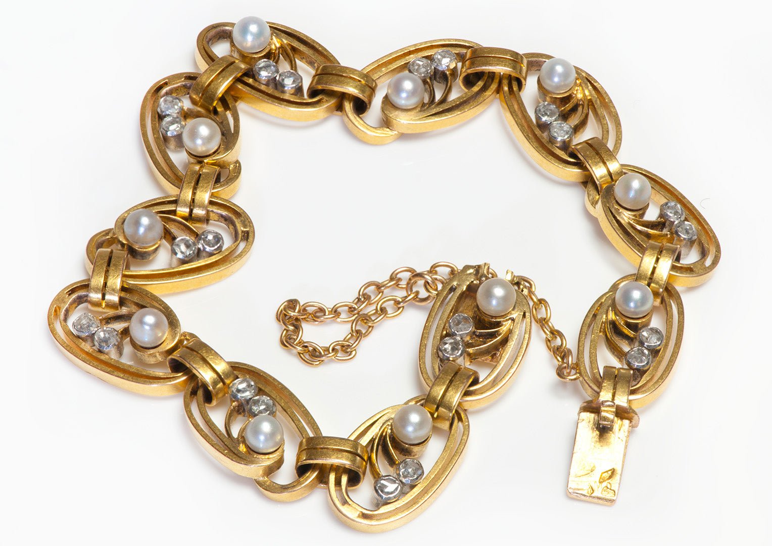 Antique French 18K Gold Rose Cut Diamond Pearl Bracelet