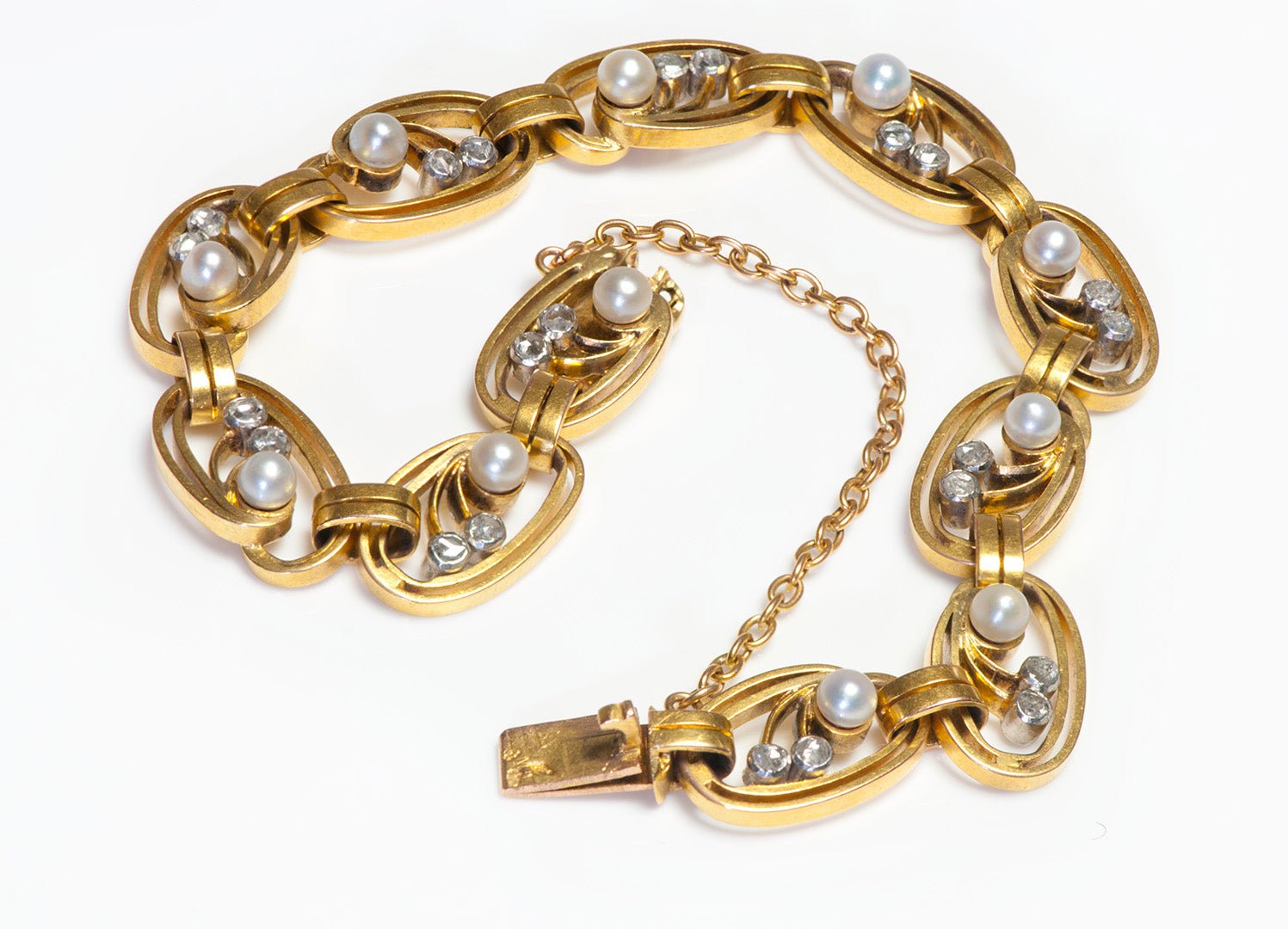 Antique French 18K Gold Rose Cut Diamond Pearl Bracelet