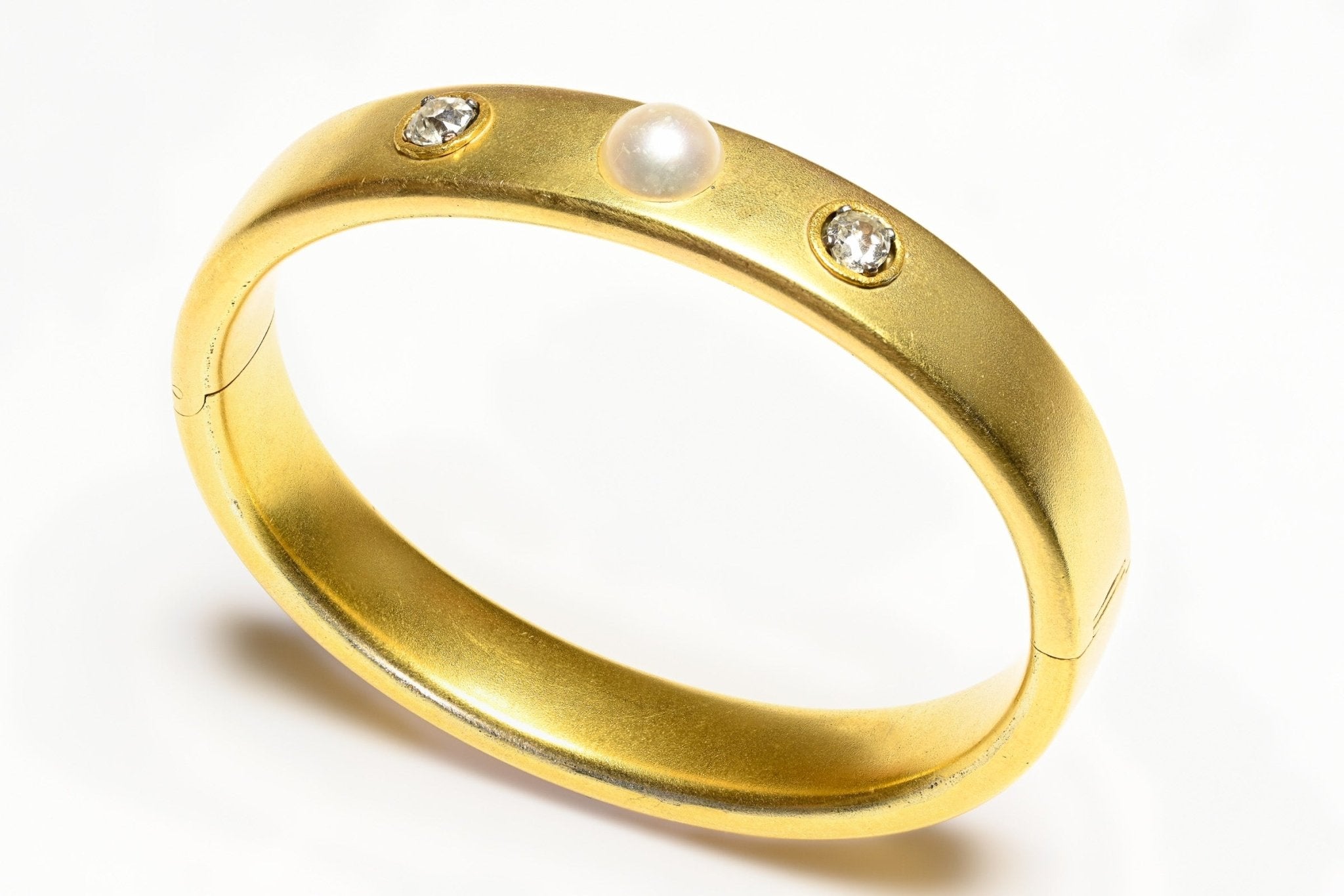 Antique French 18K Yellow Gold Diamond Pearl Bangle Bracelet
