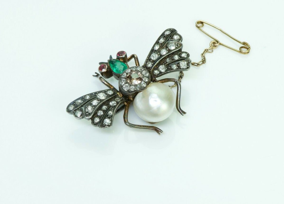 Antique French Diamond Emerald Pearl Ruby Silver Fly Pin Brooch - DSF Antique Jewelry