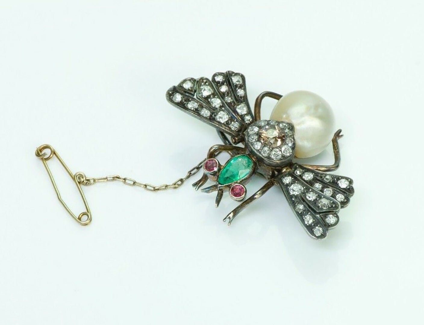 Antique French Diamond Emerald Pearl Ruby Silver Fly Pin Brooch - DSF Antique Jewelry