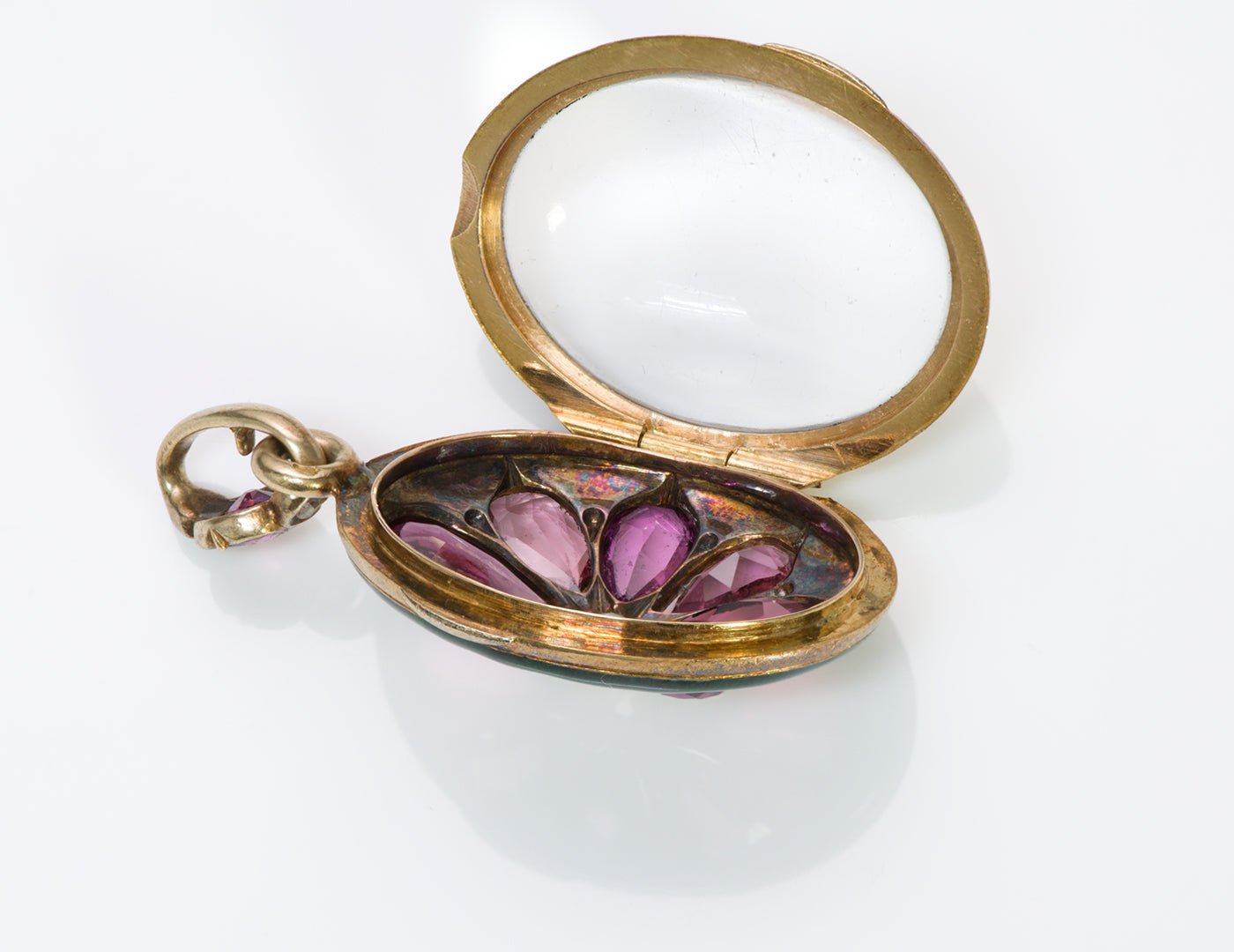 Antique French Garnet Diamond 18K Gold Enamel Locket Pendant - DSF Antique Jewelry