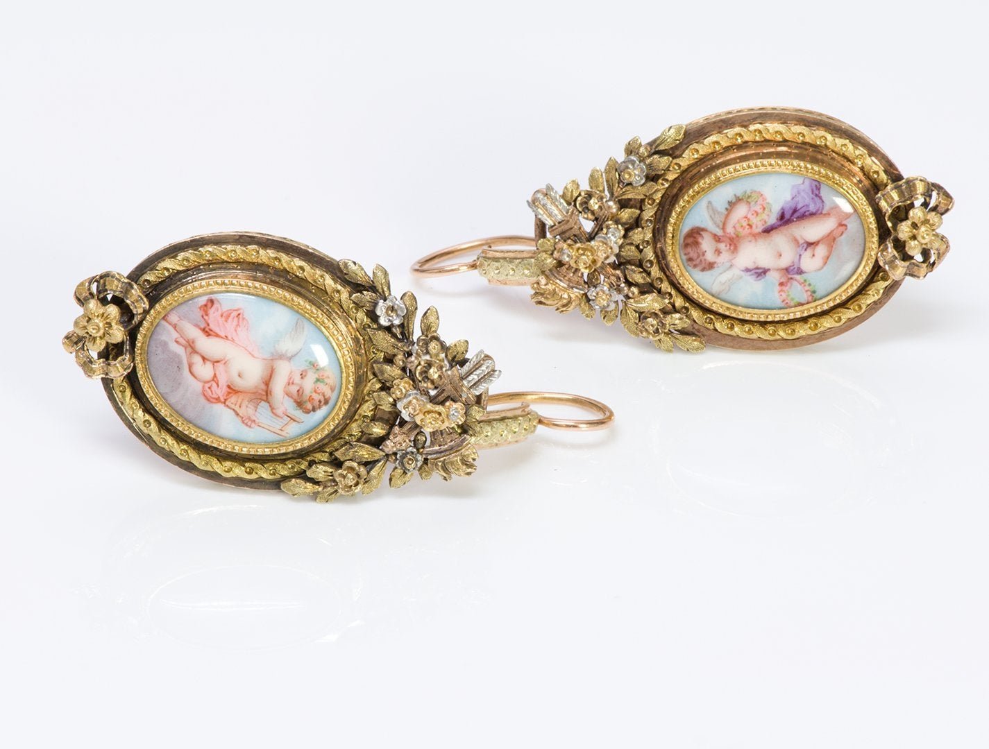 Antique French Gold Cupids Enamel Earrings Pendant Brooch