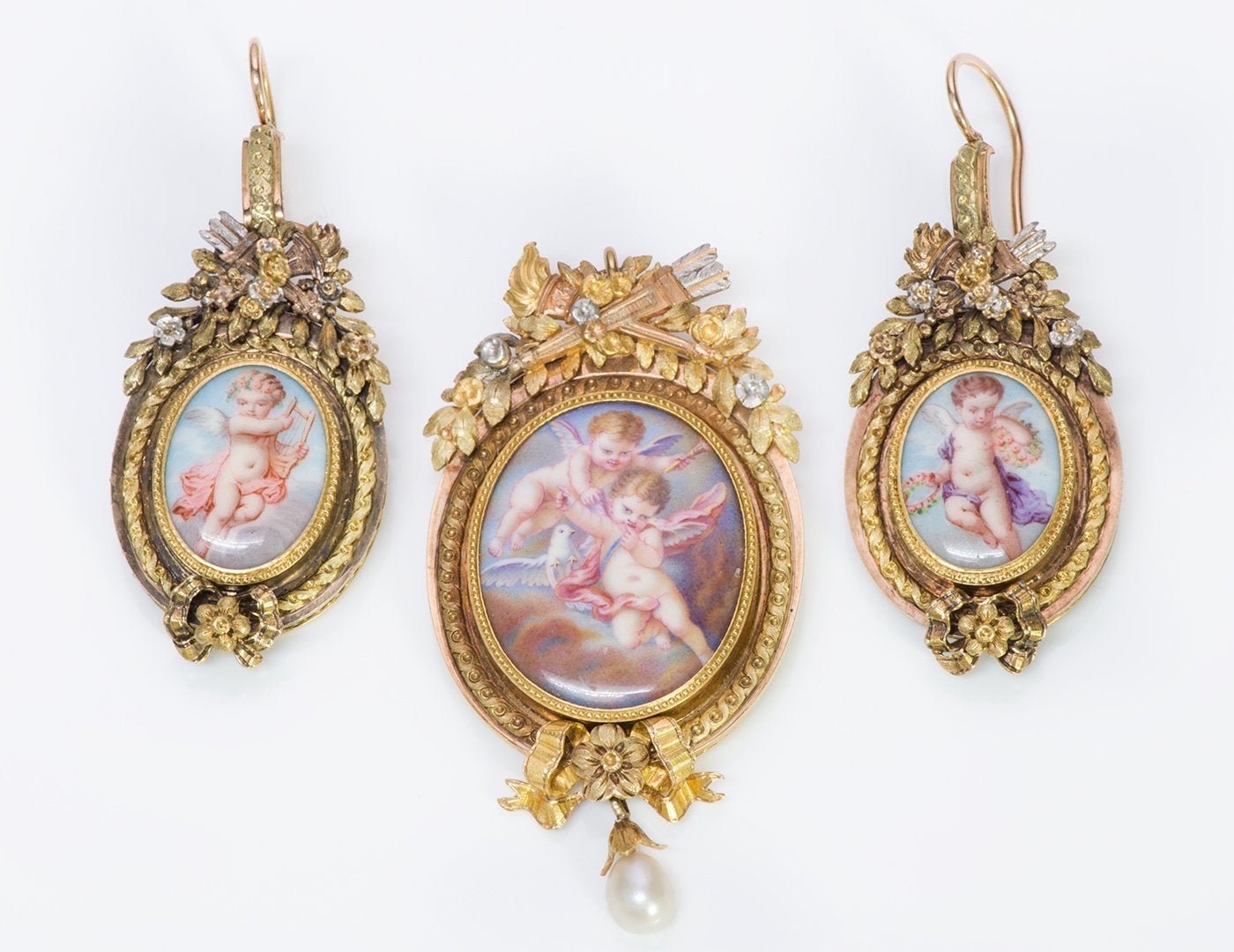 Antique French Gold Cupids Enamel Earrings Pendant Brooch
