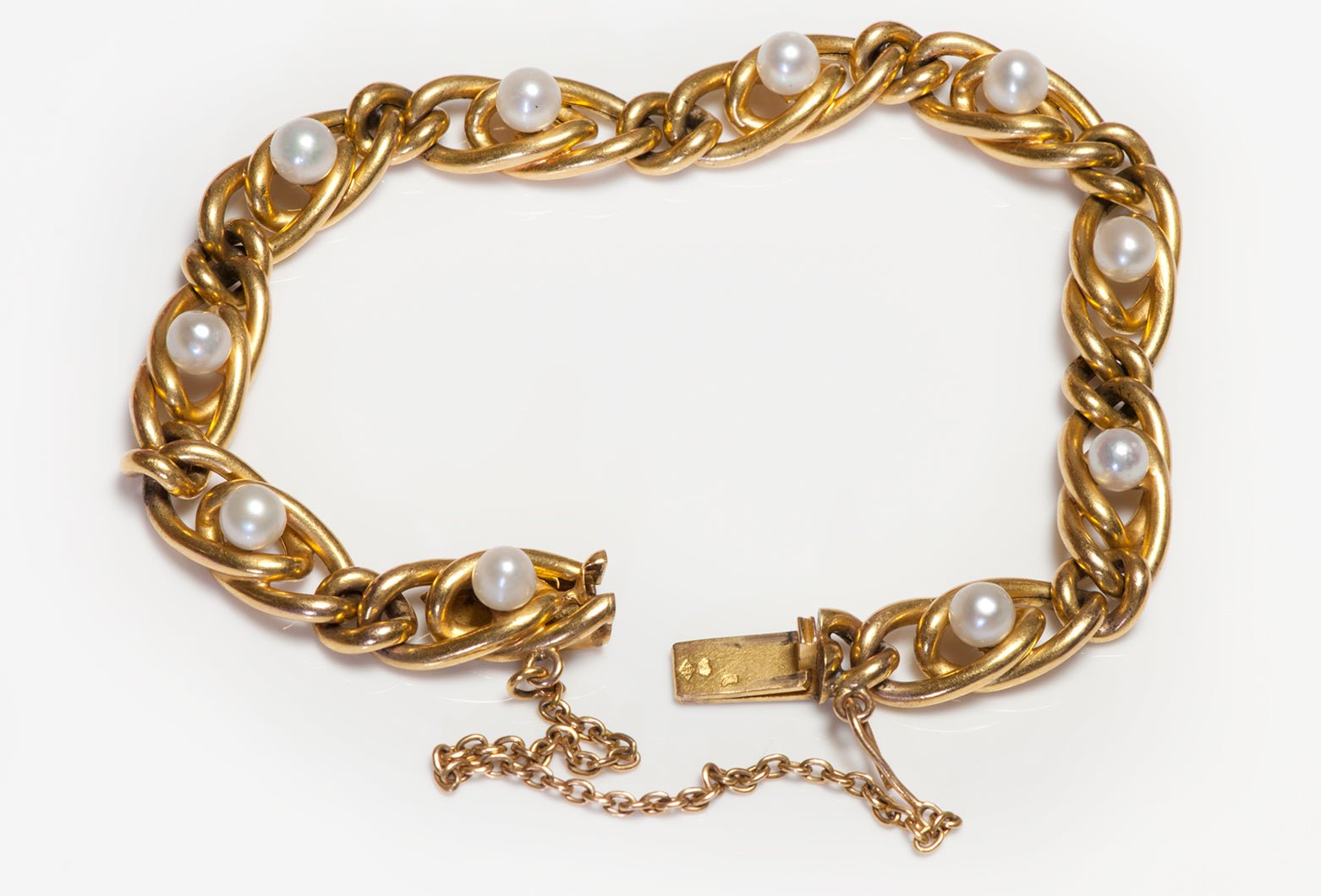 Antique French Pearl 18K Yellow Gold Link Bracelet