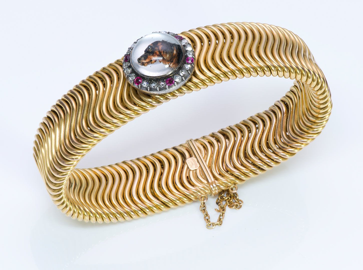 Antique French Reverse Crystal Dog 18K Gold Ruby Diamond Bracelet