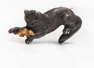 Antique French Silver Gold Cat & Mouse Brooch