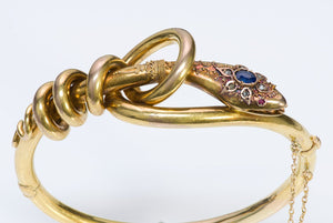 Antique French Victorian 18K Gold Sapphire Diamond Ruby Snake Bangle Bracelet