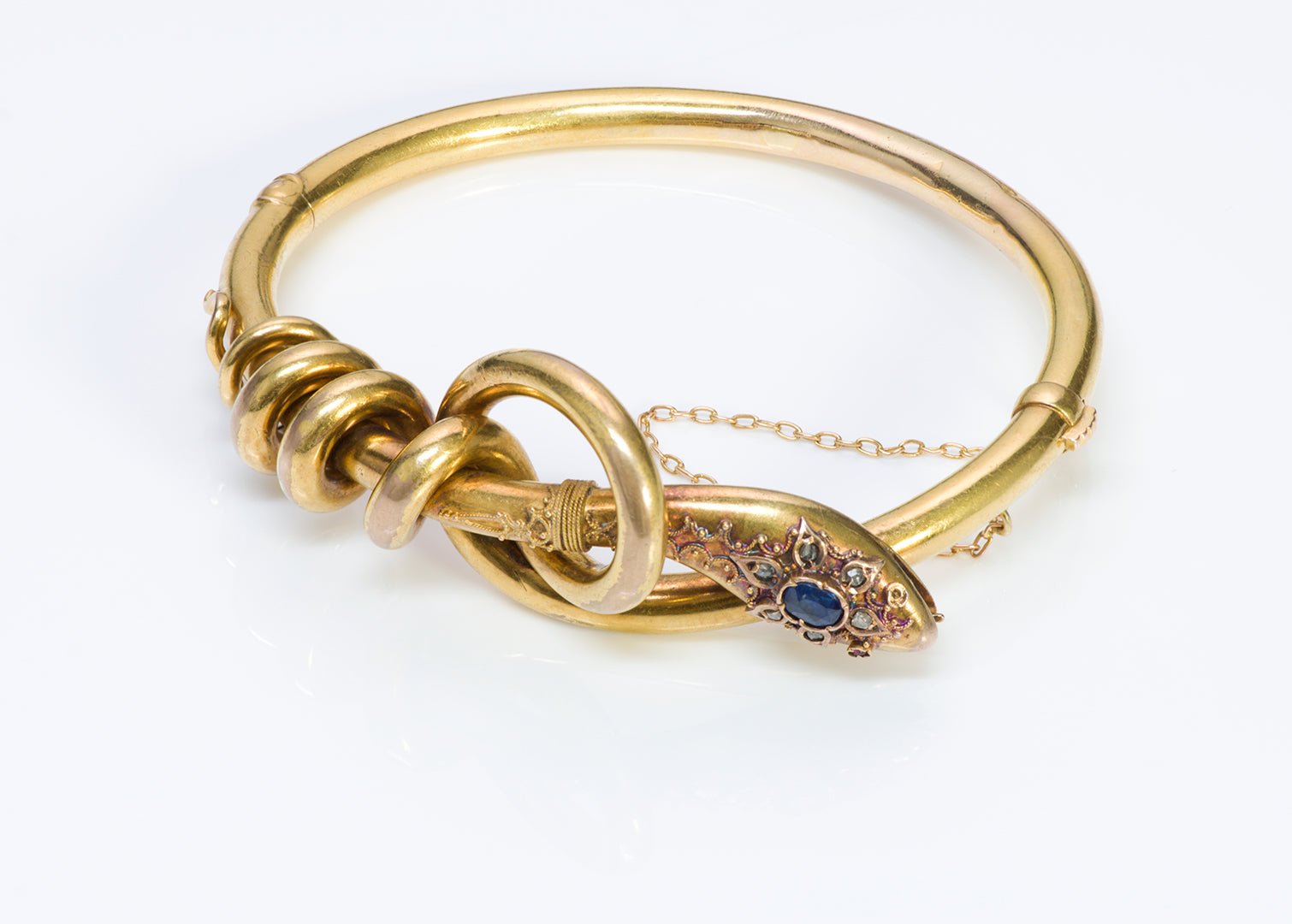 Antique French Victorian Gold Sapphire Diamond Ruby Snake Bangle Bracelet
