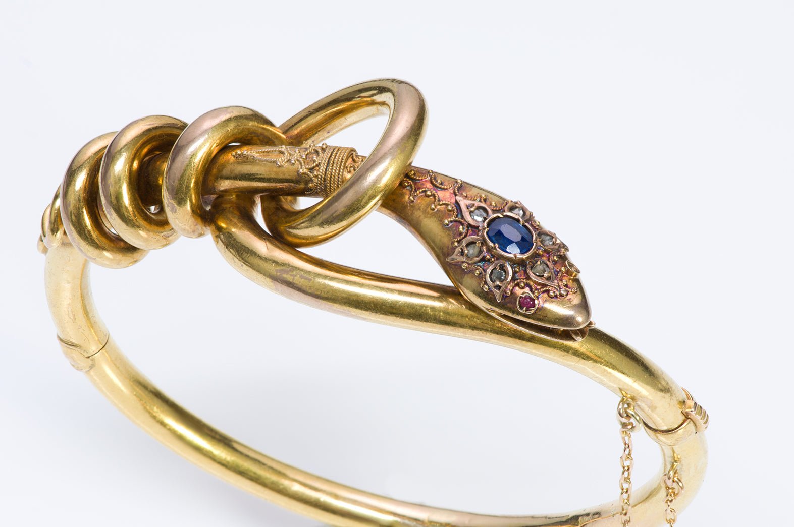 Antique French Victorian Gold Sapphire Diamond Ruby Snake Bangle Bracelet