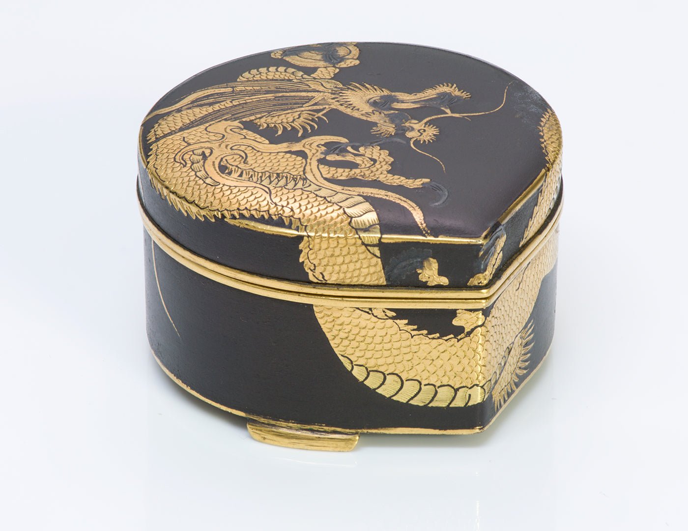 Antique Fujii Yoshitoyo Japanese Damascene 24K Gold Dragon Iron Box - DSF Antique Jewelry