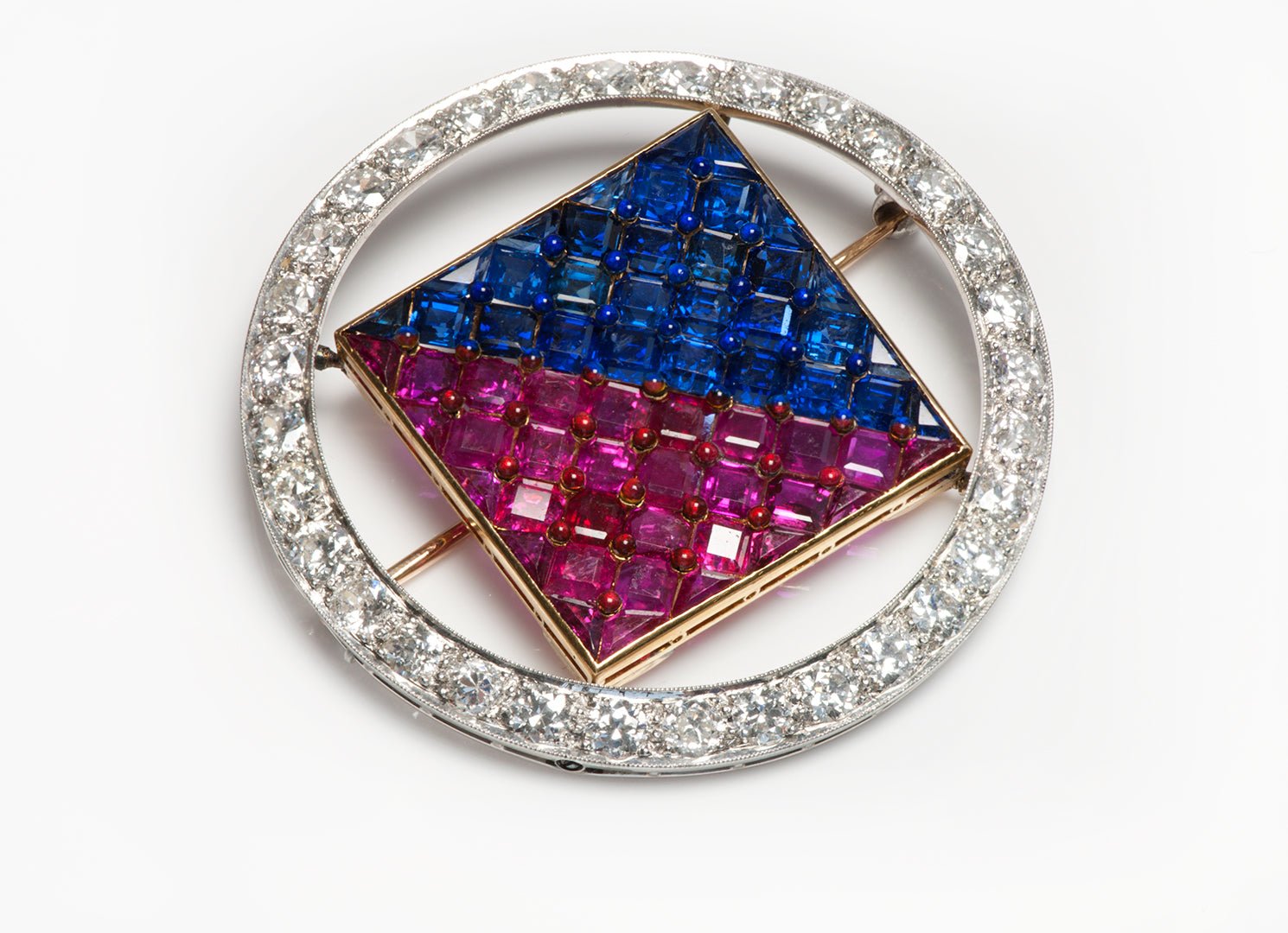Antique Gemstone Ruby Diamond Sapphire Red White Blue Brooch