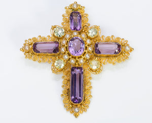 Antique Georgian Gold Amethyst Chrysolite Pearl Cross Pendant