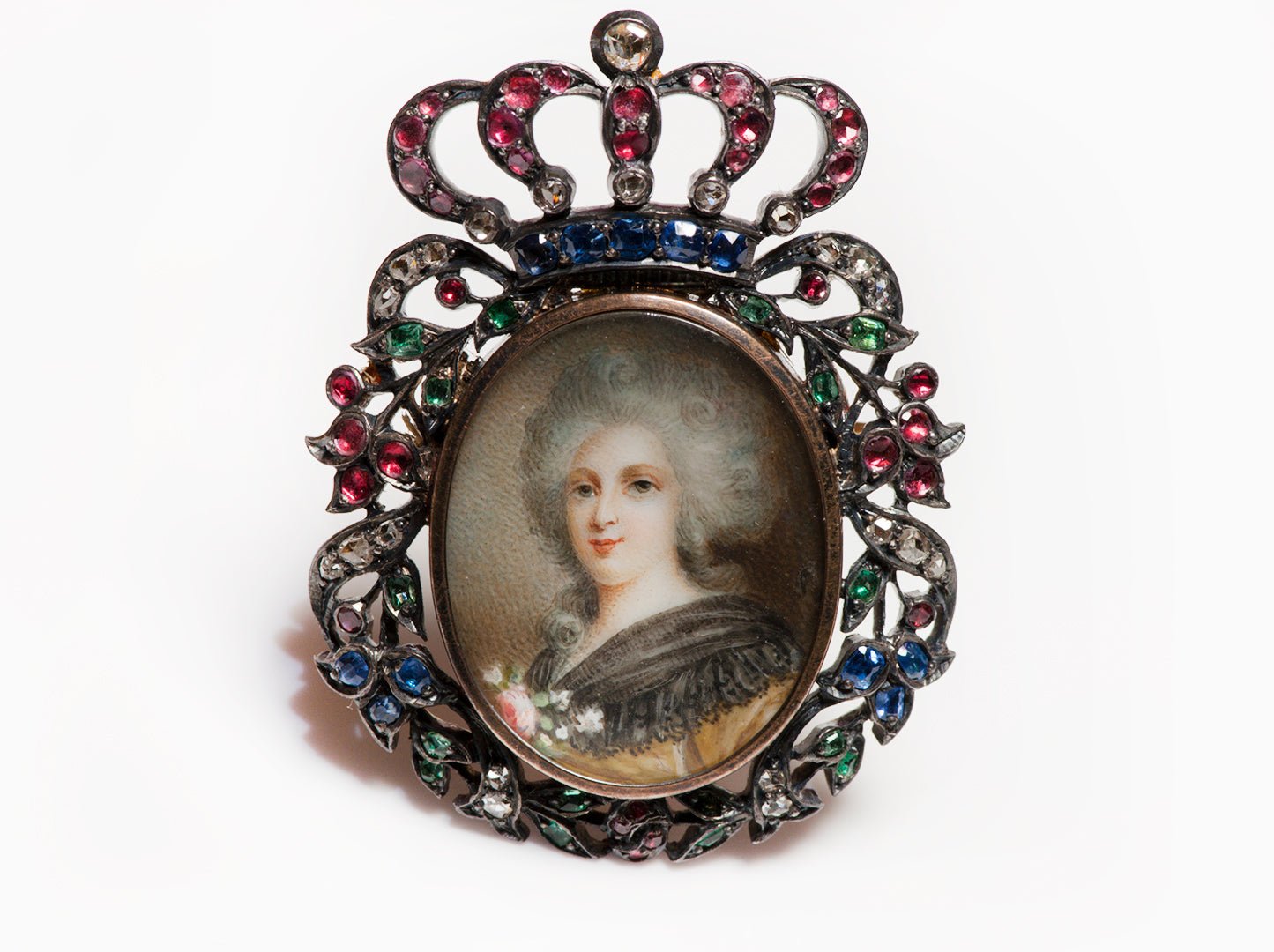 Antique Georgian Ruby Emerald Sapphire Diamond Lady Portrait Crown Brooch