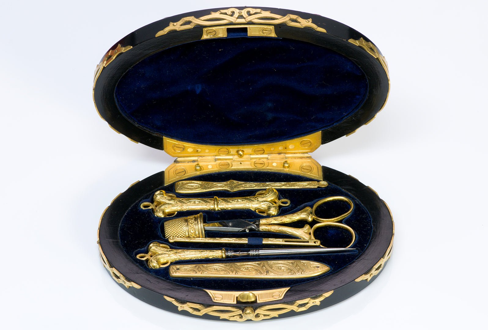 Antique Gilt Bronze Jeweled Agate Sewing Kit