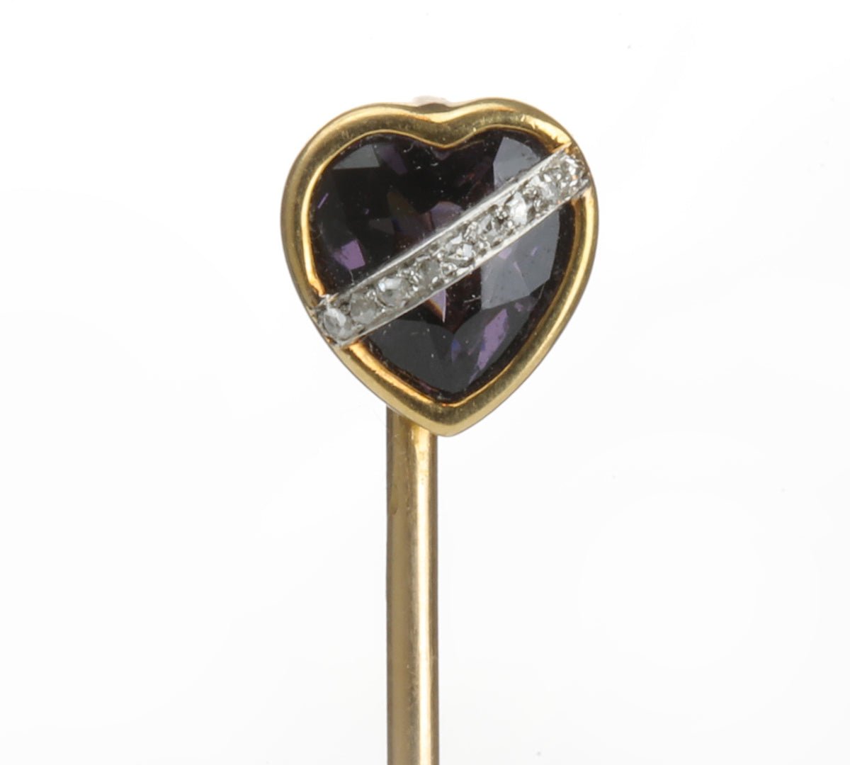 Antique Gold Amethyst Diamond Heart Stick Pin