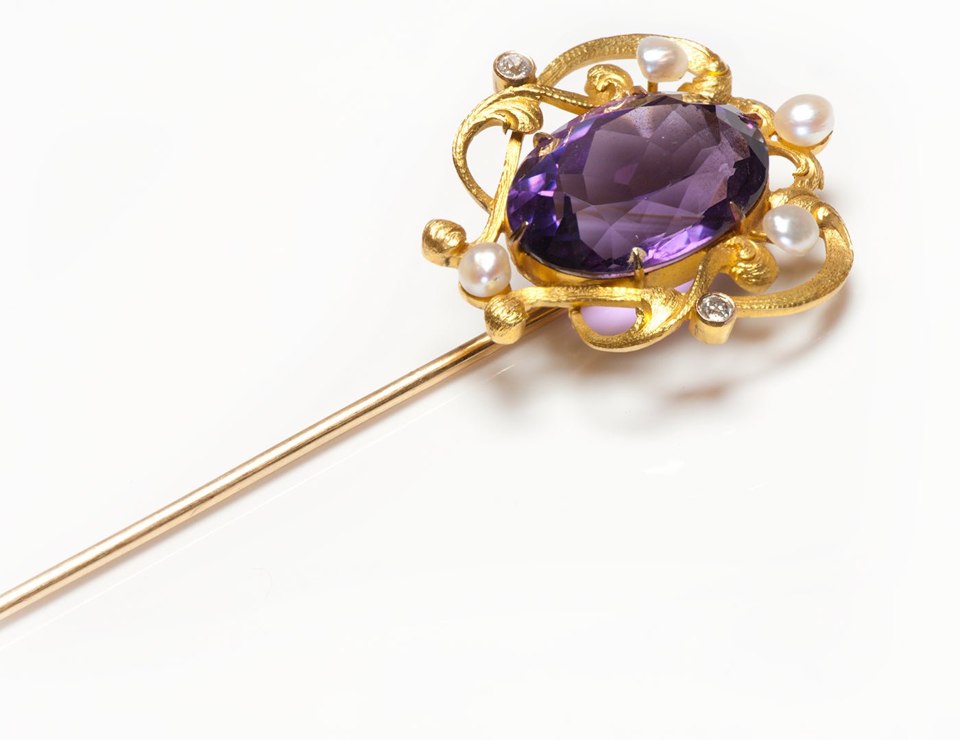 Antique Gold Amethyst Pearl Diamond Hat Pin - DSF Antique Jewelry