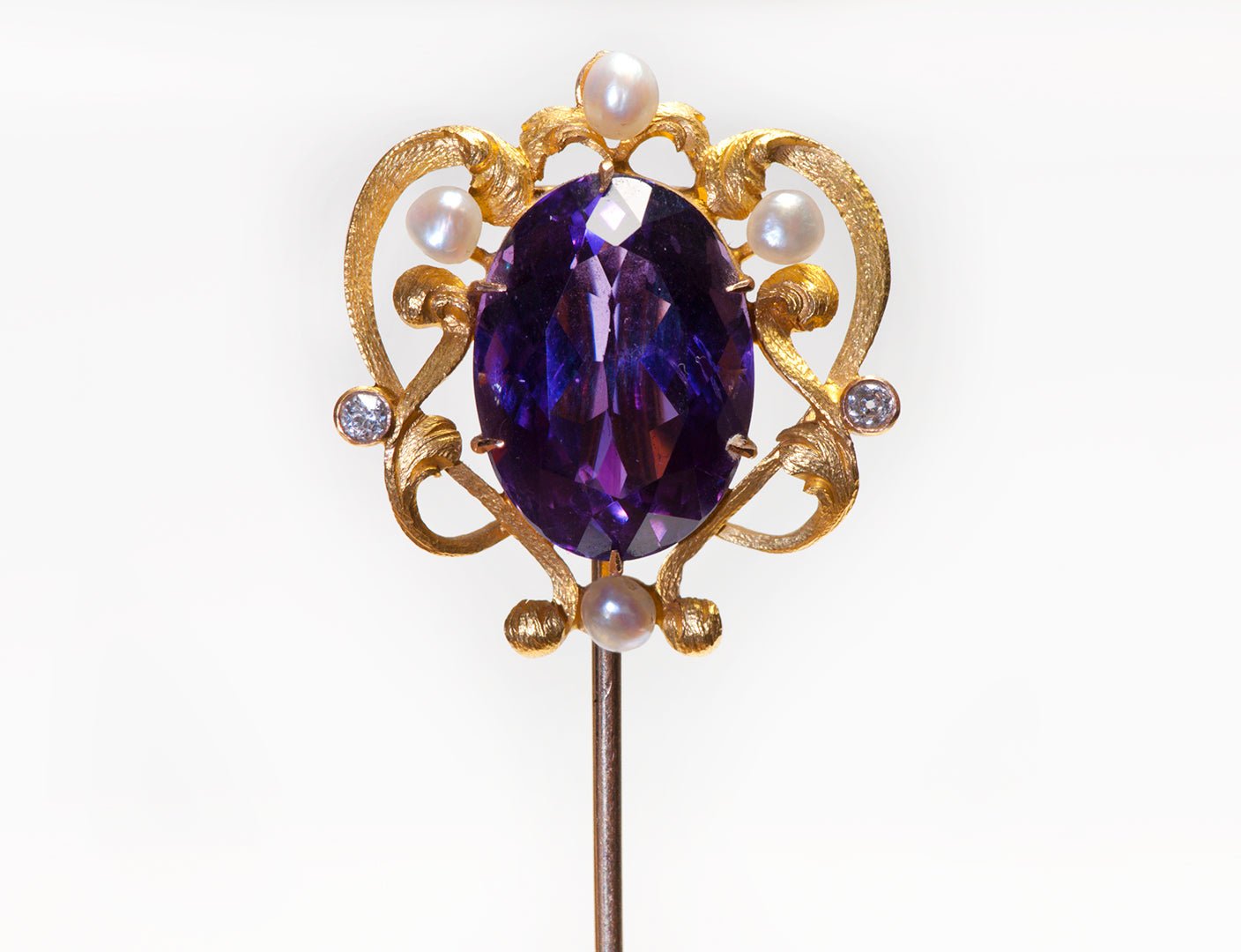 Antique Gold Amethyst Pearl Diamond Hat Pin - DSF Antique Jewelry