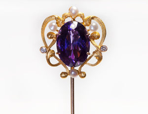 Antique Edwardian Gold Amethyst Pearl Diamond Hat Pin