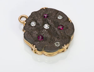 Antique Gold Ancient Coin & Iron Fob Pendant Locket Inset with Ruby Diamond