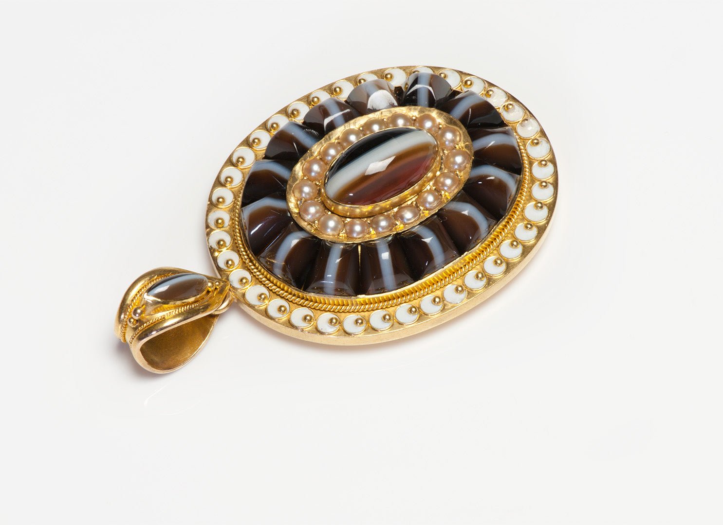 Antique Gold Banded Agate Pearl Enamel Locket Pendant