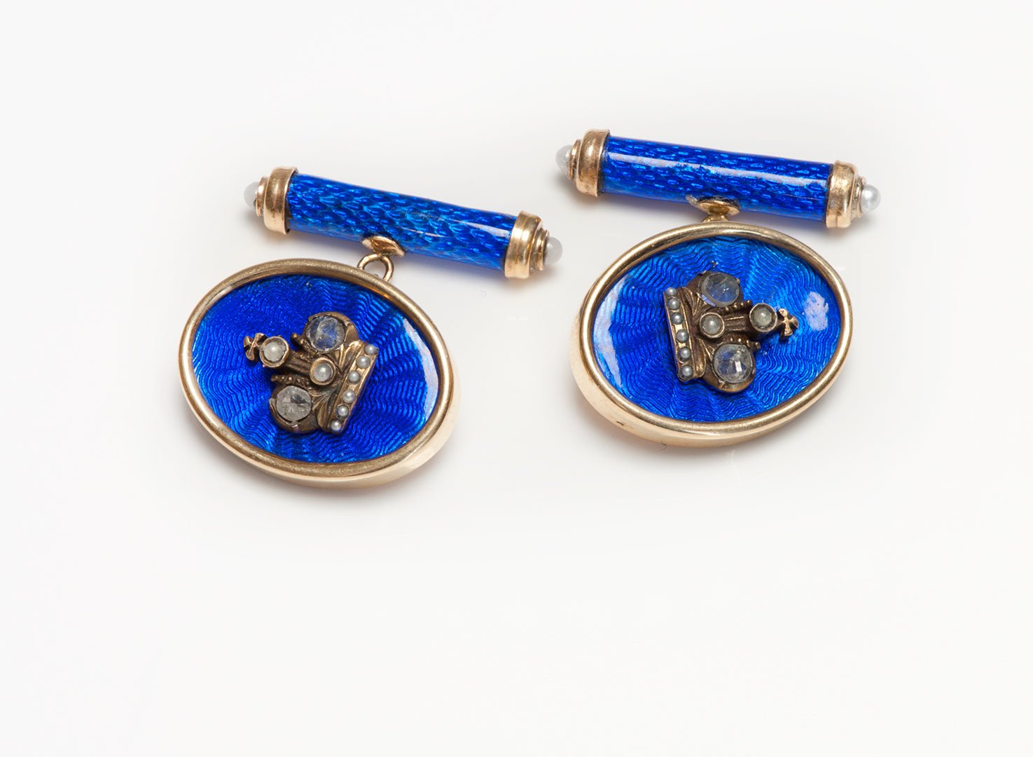 Antique Gold Blue Guilloche Enamel Diamond Pearl Cufflinks