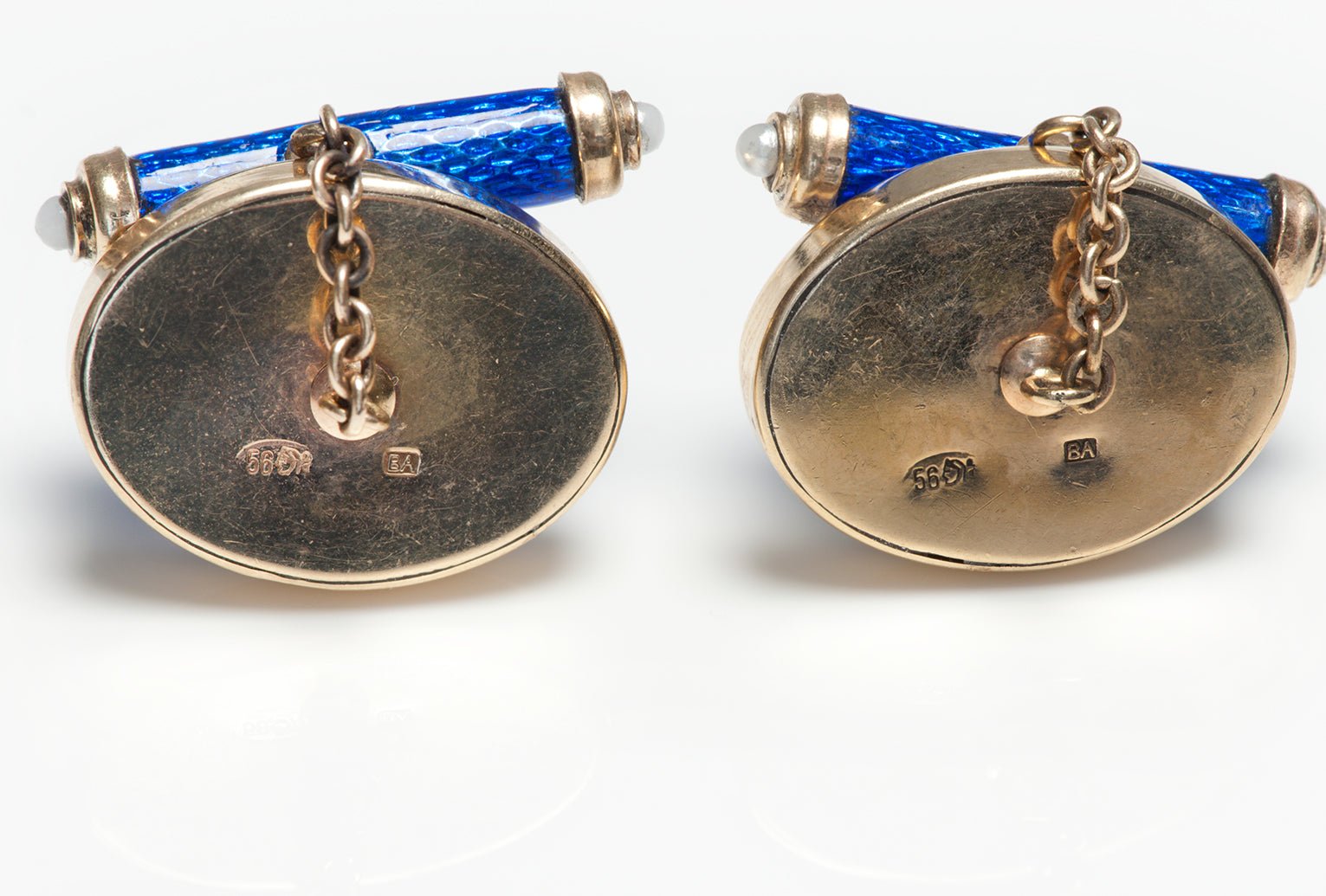 Antique Gold Blue Guilloche Enamel Diamond Pearl Cufflinks - DSF Antique Jewelry