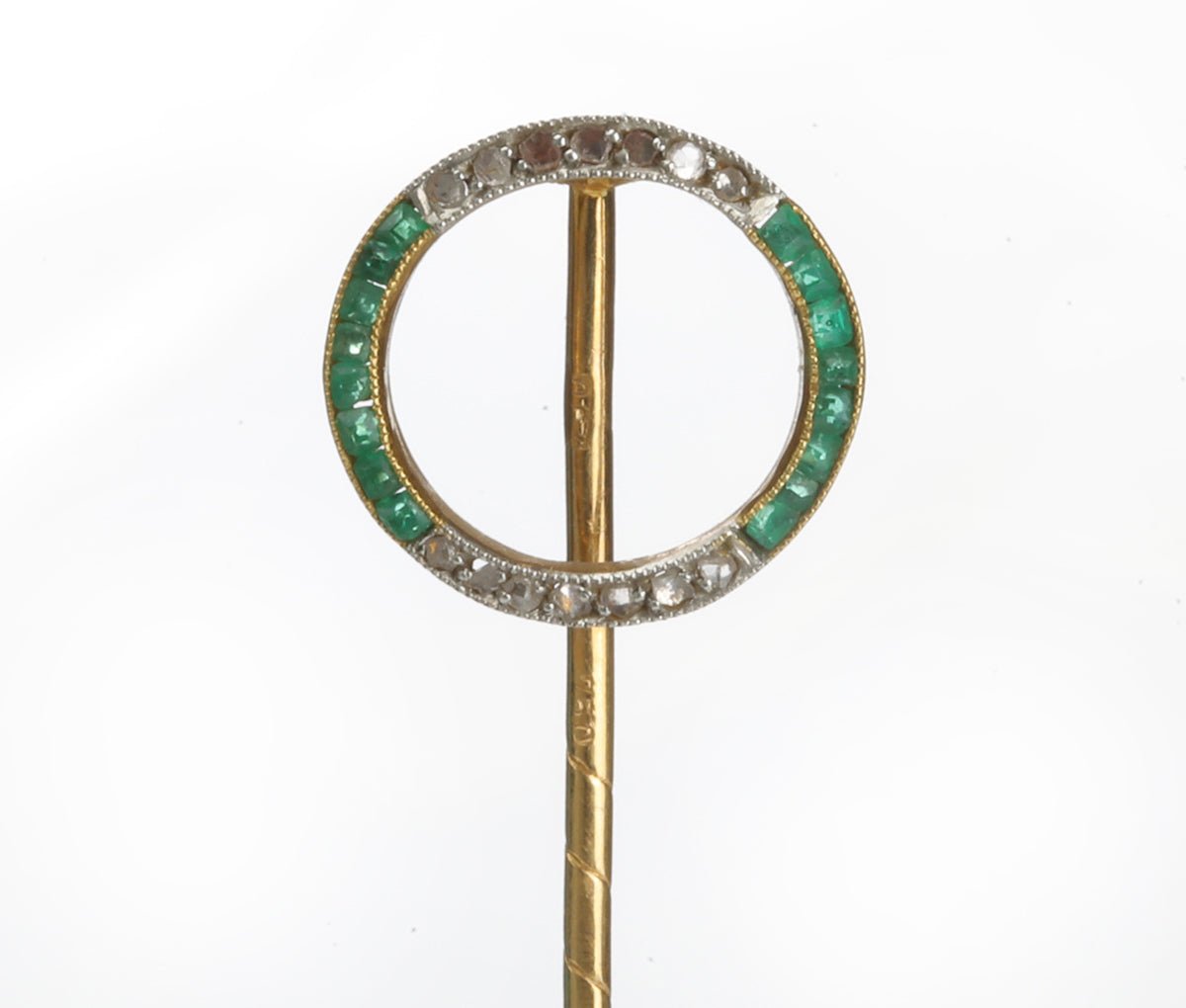 Antique Gold Calibre Emerald Rose Cut Diamond Circle Stick Pin