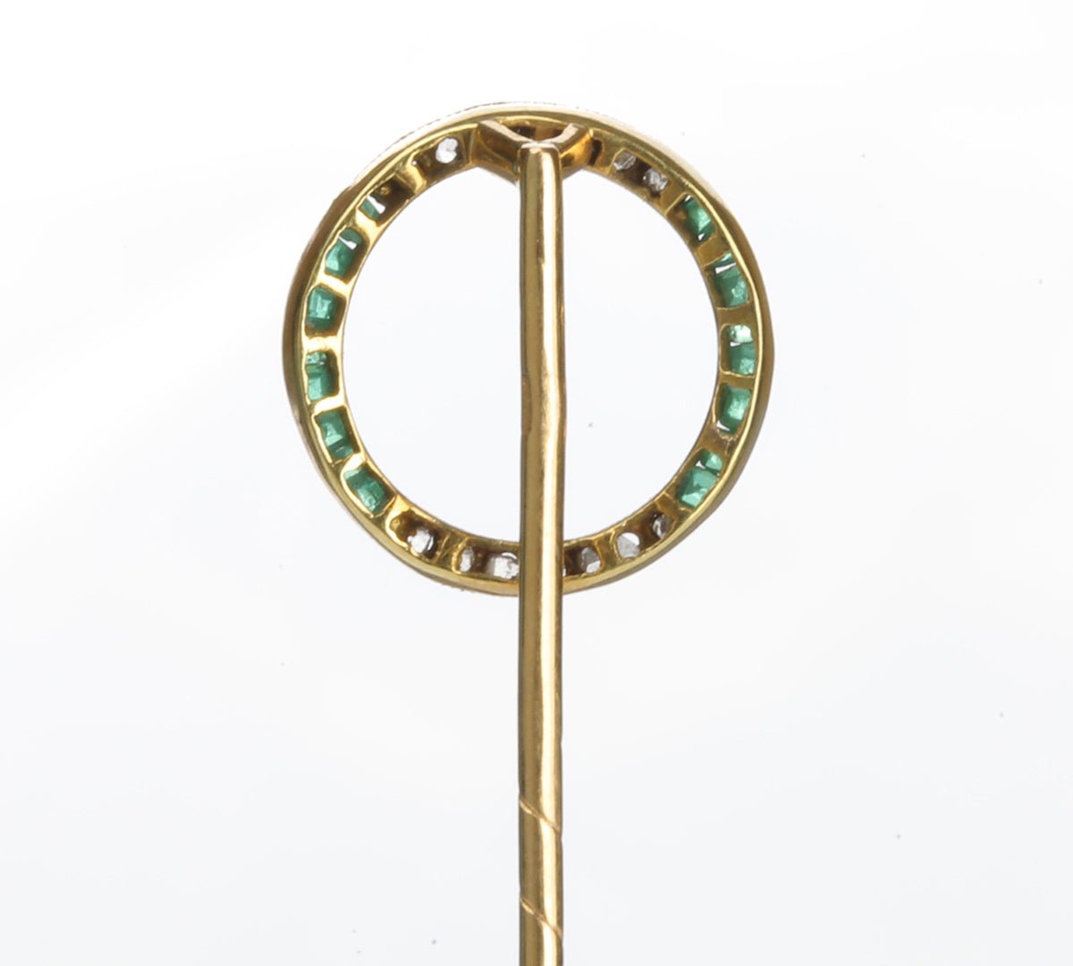 Antique Gold Calibre Emerald Rose Cut Diamond Circle Stick Pin