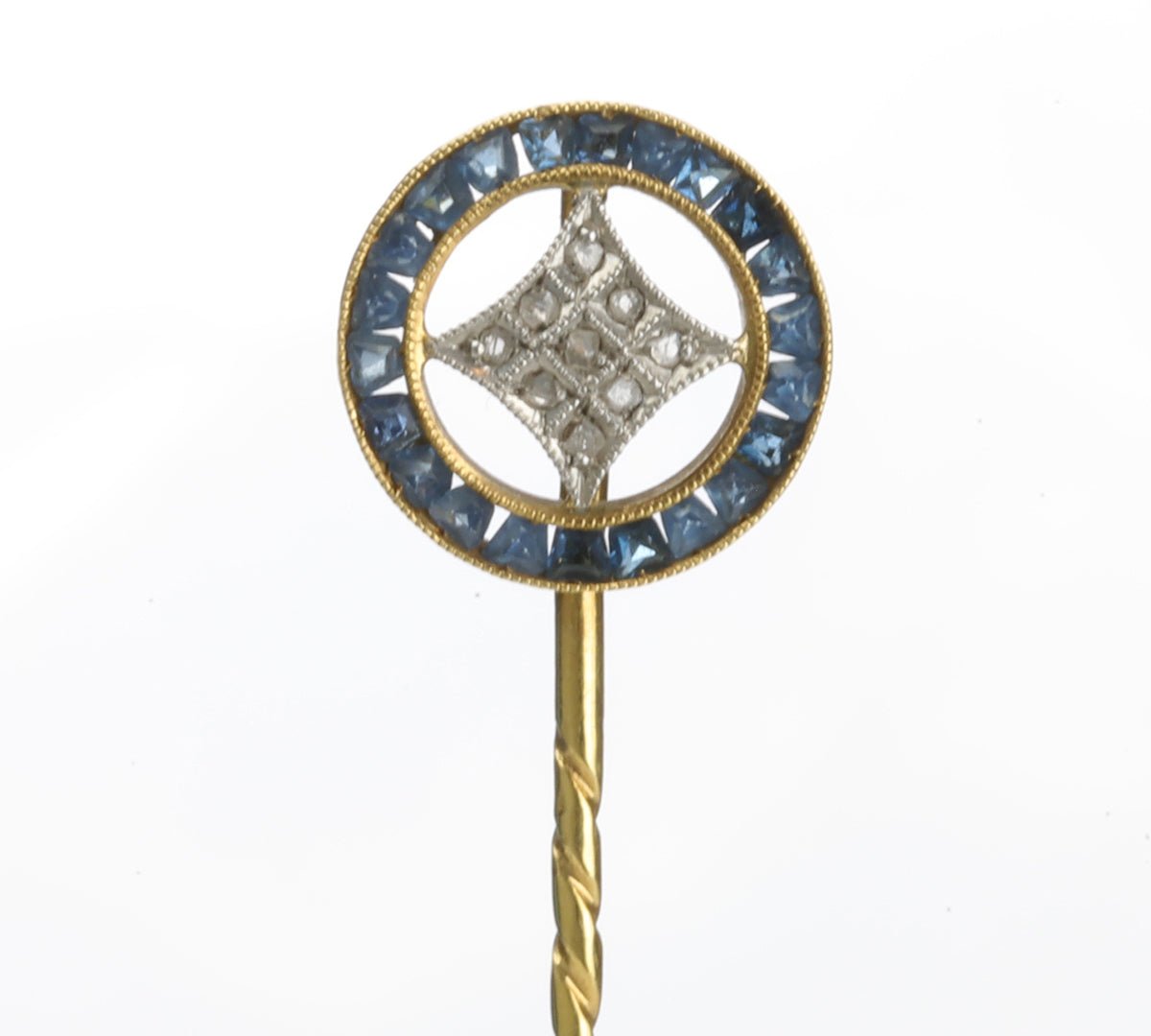 Antique Gold Calibre Sapphire Diamond Circular Stick Pin