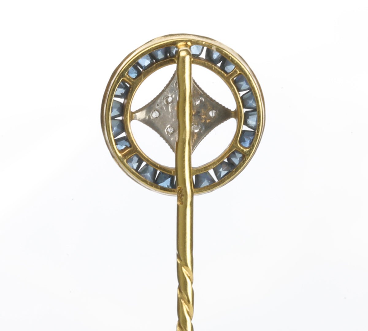 Antique Gold Calibre Sapphire Diamond Circular Stick Pin
