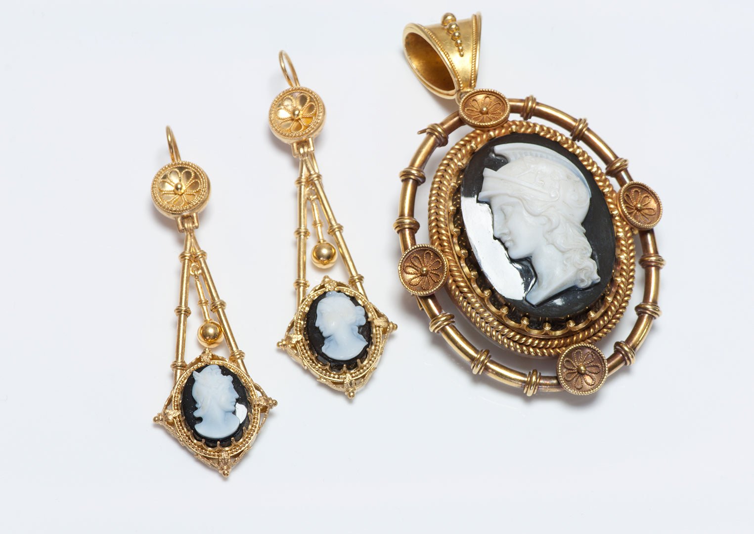 Antique Gold Cameo Earrings & Pendant
