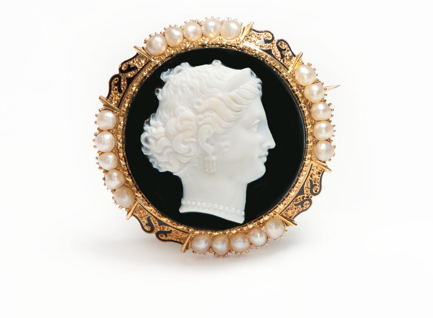 Antique Gold Cameo Pearl and Enamel Brooch - DSF Antique Jewelry