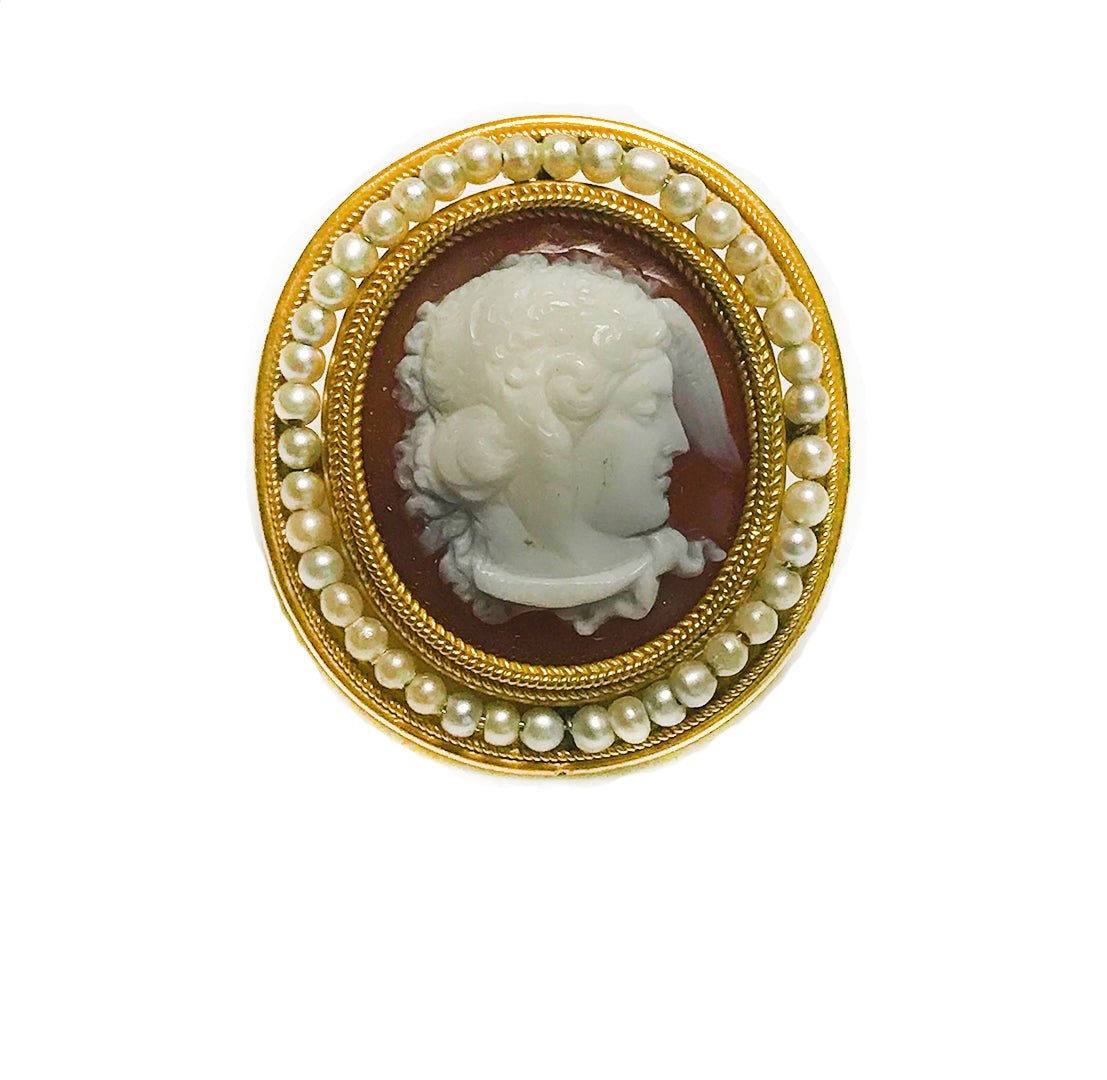 Antique Gold Cameo Pearl Brooch Attrib. to Castellani - DSF Antique Jewelry