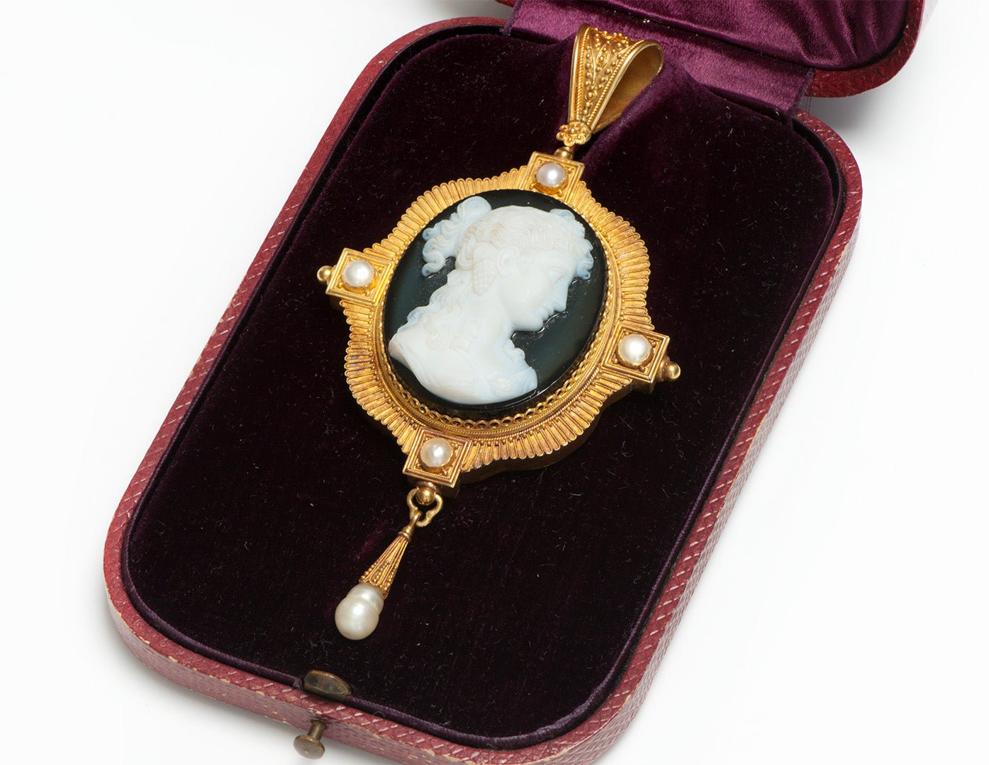 Antique Gold Cameo Pearl Drop Pendant - DSF Antique Jewelry