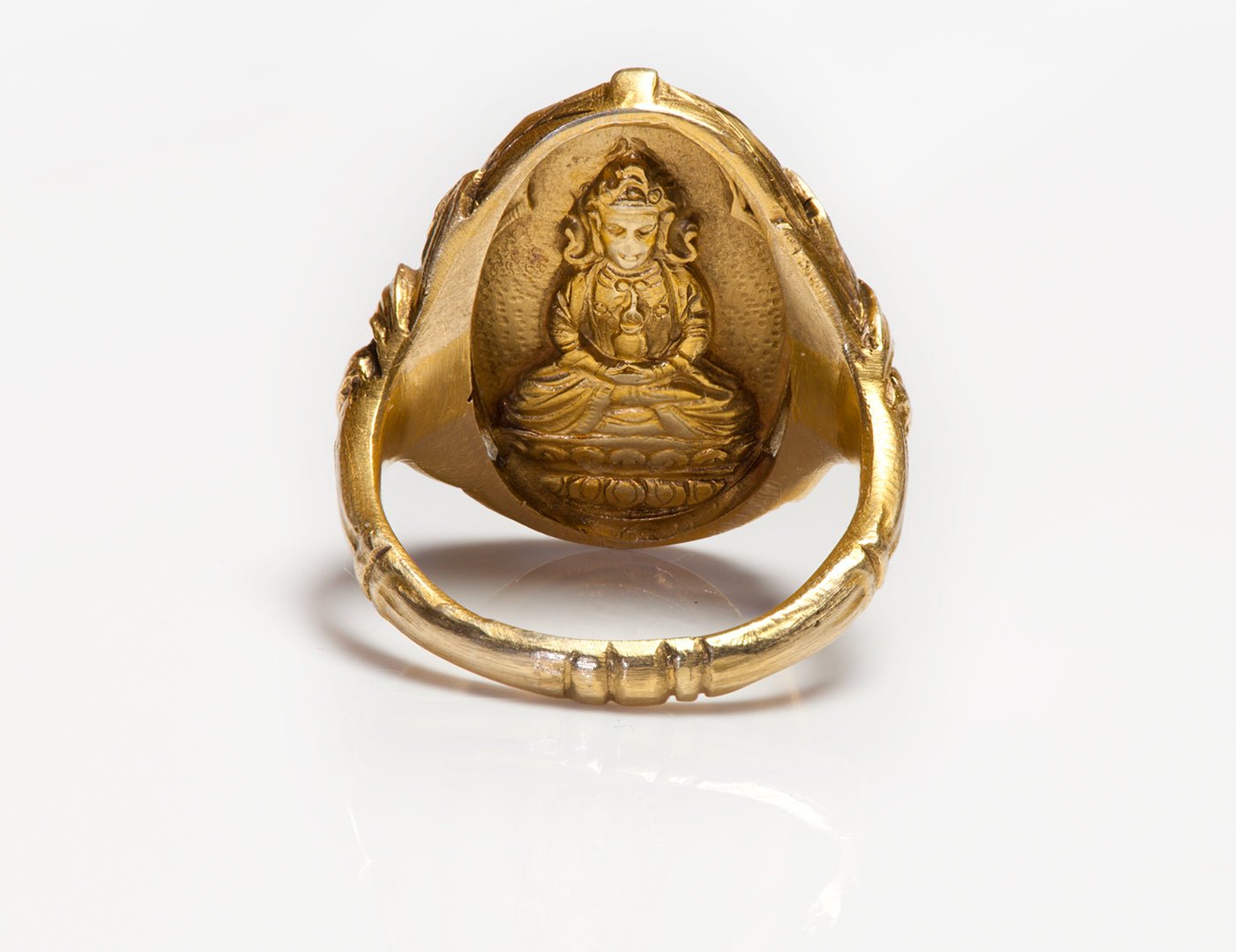 Antique Gold Carved Jade Lotus Ring with Buddha - DSF Antique Jewelry